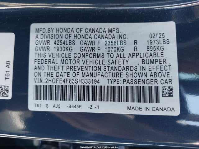 2HGFE4F83SH333194 Honda Civic  Hybrid Sport/sport Touring