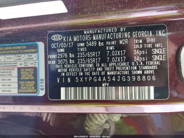 5XYPG4A54JG398806 KIA Sorento 3.3l Lx