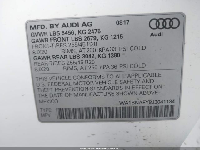 WA1BNAFY8J2041134 Audi Q5 2.0t Premium
