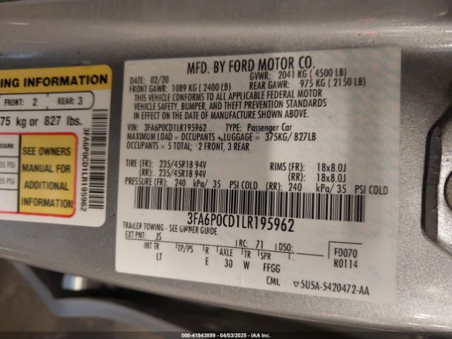 3FA6P0CD1LR195962 Ford FUSION SEL