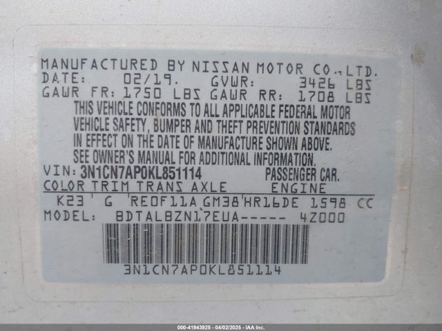 3N1CN7AP0KL851114 Nissan Versa 1.6 Sv