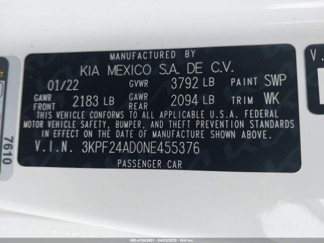 3KPF24AD0NE455376 KIA Forte Lxs