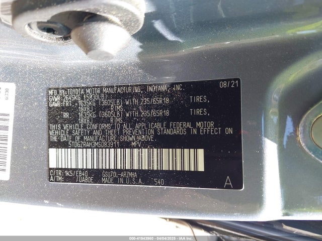 5TDGZRAH3MS083911 Toyota Highlander Xle