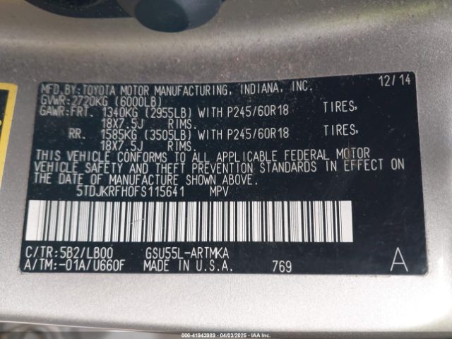 5TDJKRFH0FS115641 Toyota Highlander Xle V6