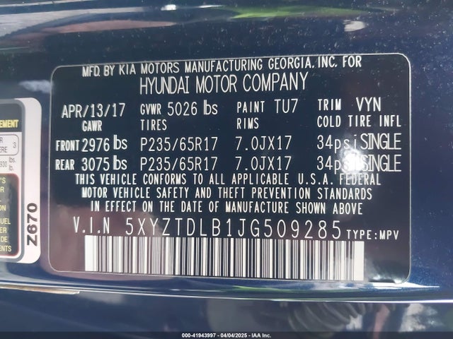 5XYZTDLB1JG509285 Hyundai Santa Fe Sport 2.4l
