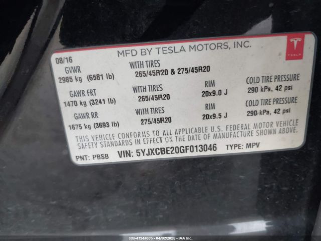 5YJXCBE20GF013046 Tesla Model X 60d/70d/75d/90d/p100d