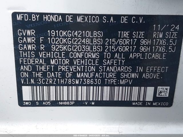 3CZRZ1H78SM738630 Honda Hr-v 2wd Ex-l