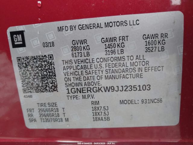 1GNERGKW9JJ235103 Chevrolet Traverse 1lt