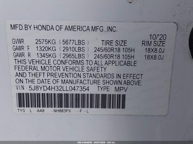 5J8YD4H32LL047354 Acura Mdx Standard