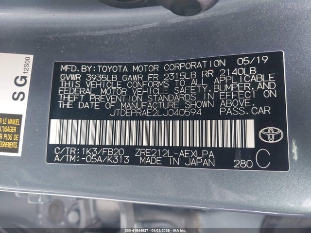 JTDEPRAE2LJ040594 Toyota COROLLA LE