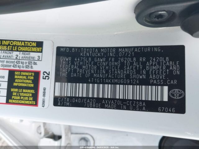 4T1G11AKXMU609124 Toyota CAMRY SE