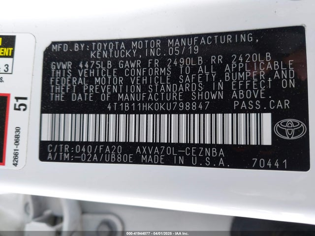 4T1B11HK0KU798847 Toyota CAMRY LE