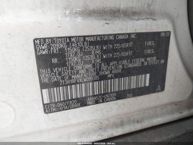 2T3H1RFVXLW099305 Toyota RAV4 LE