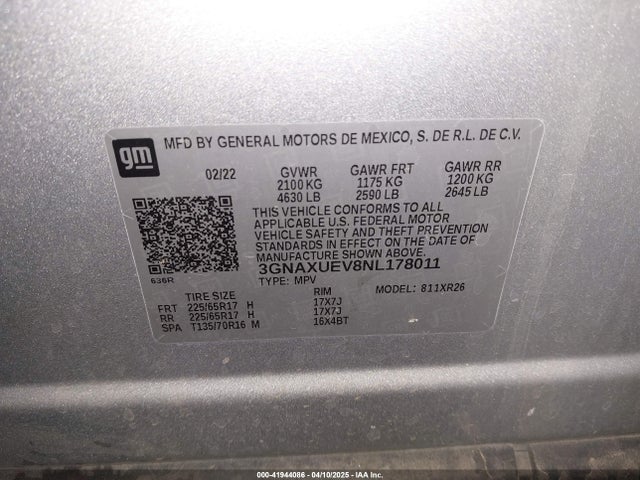 3GNAXUEV8NL178011 Chevrolet Equinox Awd Lt