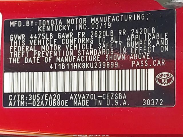 4T1B11HK8KU239899 Toyota CAMRY SE