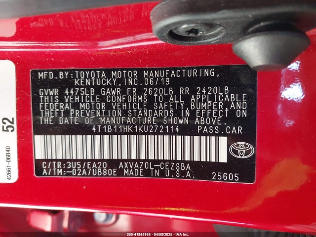 4T1B11HK1KU272114 Toyota CAMRY SE