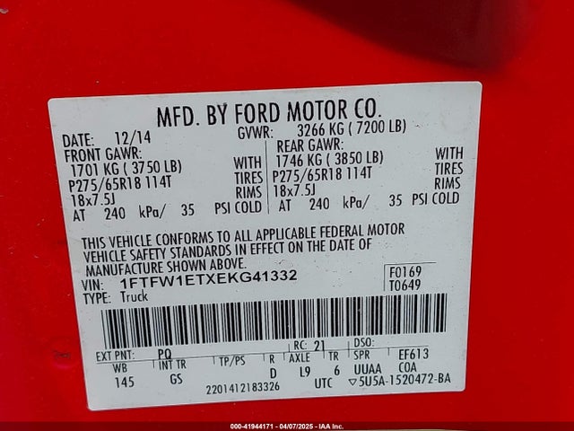 1FTFW1ETXEKG41332 Ford F-150 Xlt