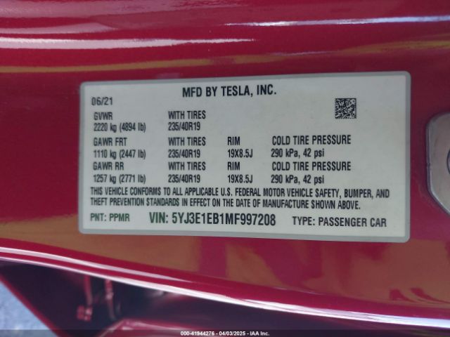 5YJ3E1EB1MF997208 Tesla Model 3 Long Range Dual Motor All-wheel Drive