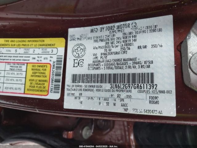 3LN6L2G97GR611392 Lincoln MKZ