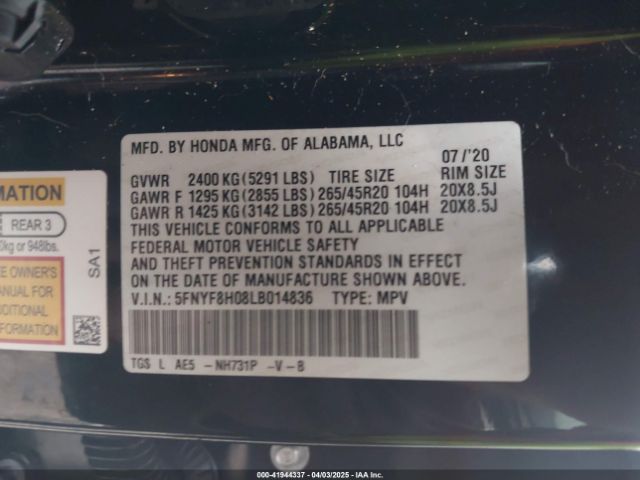 5FNYF8H08LB014836 Honda Passport Awd Elite