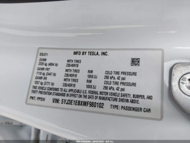 5YJ3E1EBXMF980102 Tesla Model 3 Long Range Dual Motor All-wheel Drive