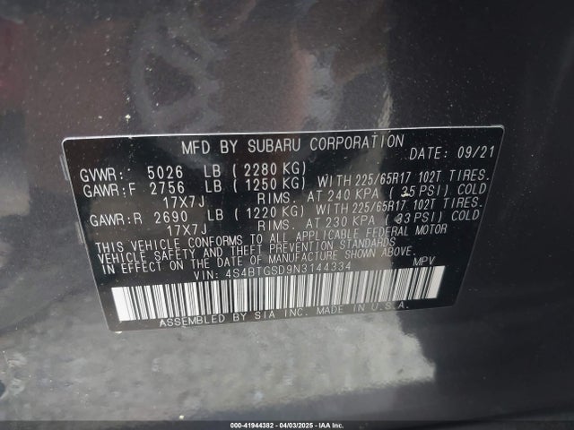 4S4BTGSD9N3144334 Subaru Outback Wilderness