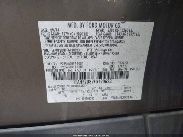 1FAHP2D89FG120623 Ford TAURUS SE