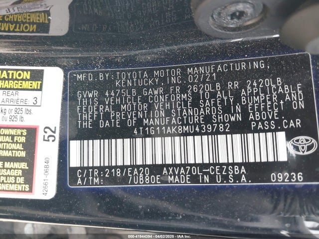 4T1G11AK8MU439782 Toyota CAMRY SE