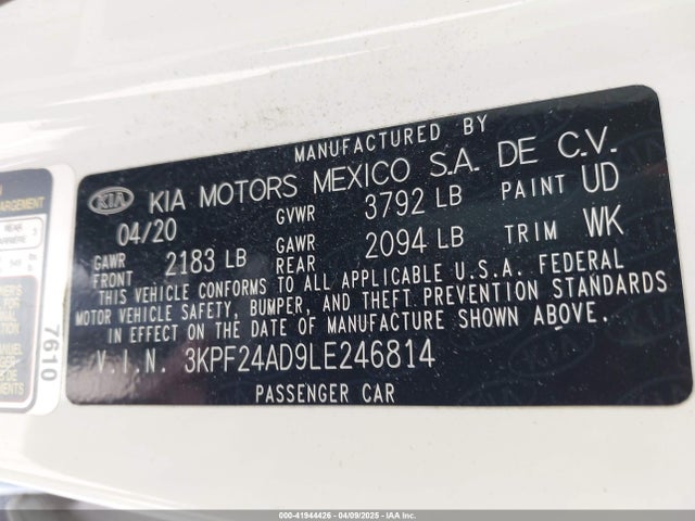 3KPF24AD9LE246814 KIA Forte Lxs