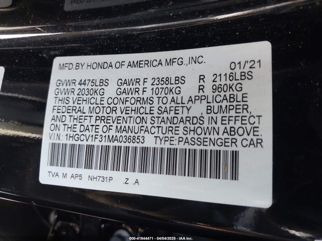 1HGCV1F31MA036853 Honda l15be