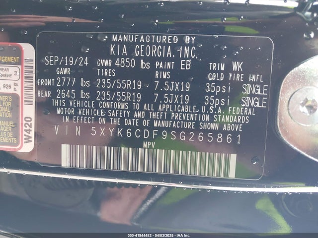 5XYK6CDF9SG265861 KIA gdi theta iii