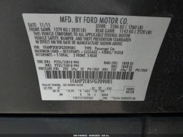 1FAHP2E85FG209085 Ford TAURUS SEL