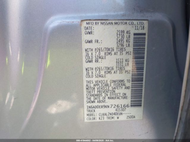1N6AD0ER9KN726166 Nissan Frontier Sv