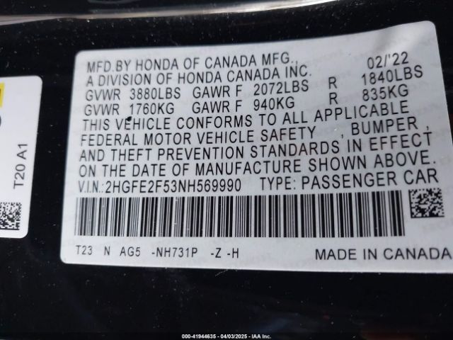 2HGFE2F53NH569990 Honda Civic Sport