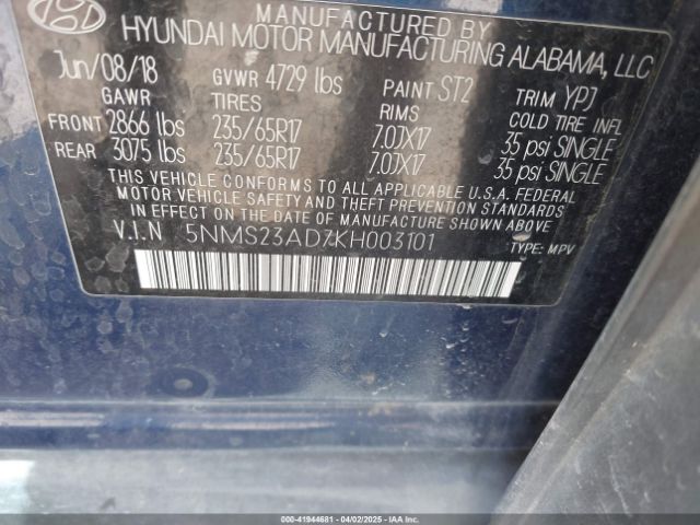 5NMS23AD7KH003101 Hyundai Santa Fe Se