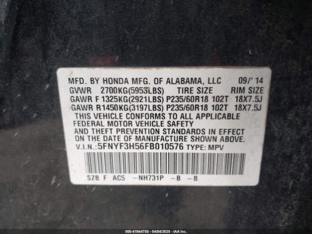 5FNYF3H56FB010576 Honda Pilot Ex-l