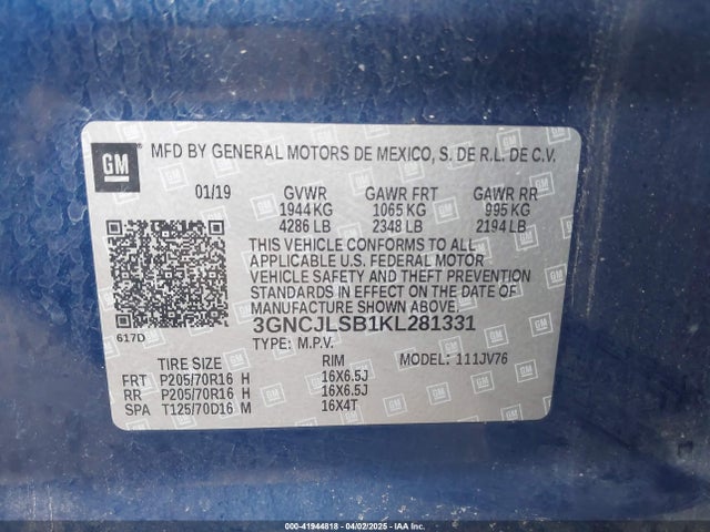 3GNCJLSB1KL281331 Chevrolet Trax Lt