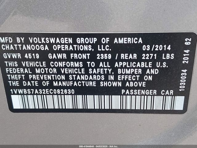 1VWBS7A32EC082630 Volkswagen Passat 1.8t Se