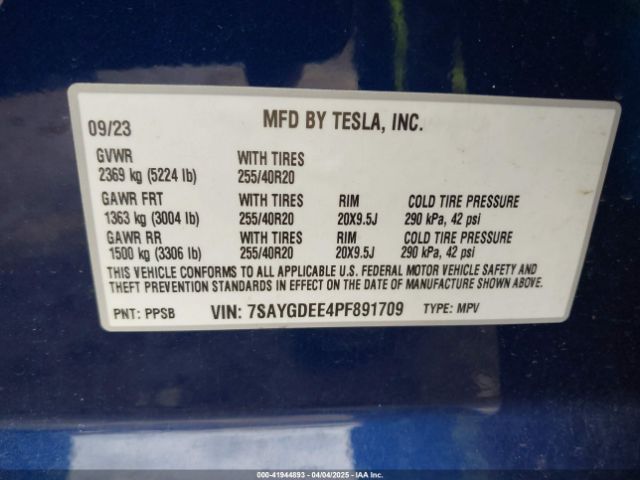 7SAYGDEE4PF891709 Tesla Model Y Awd/long Range Dual Motor All-wheel Drive