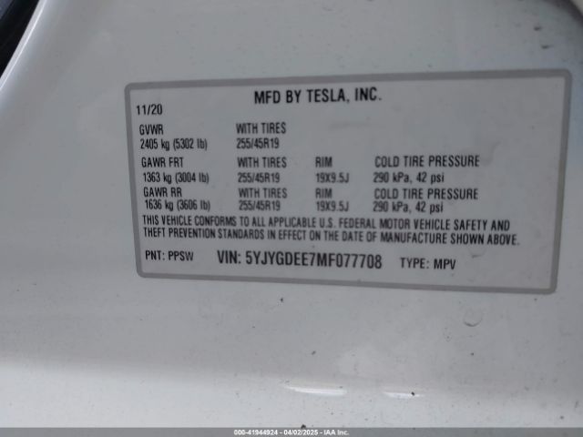 2021 TESLA MODEL Y 5YJYGDEE7MF077708 Photo 8