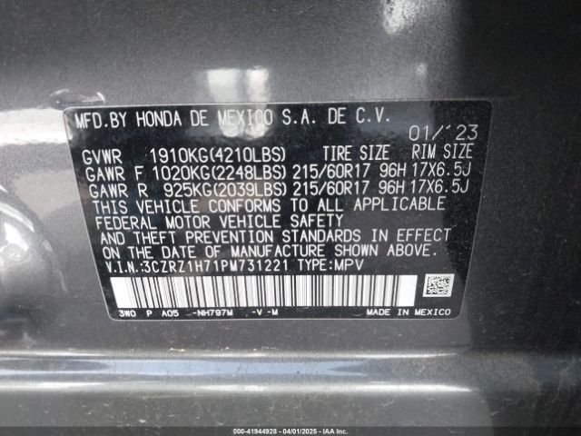 3CZRZ1H71PM731221 Honda Hr-v 2wd Ex-l