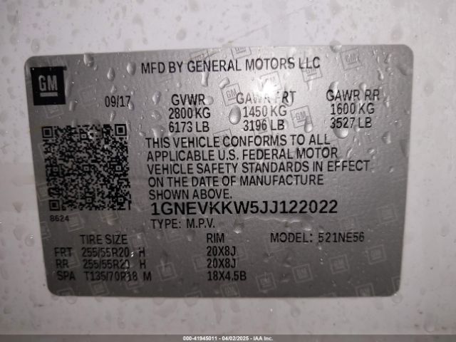 1GNEVKKW5JJ122022 Chevrolet Traverse High Country