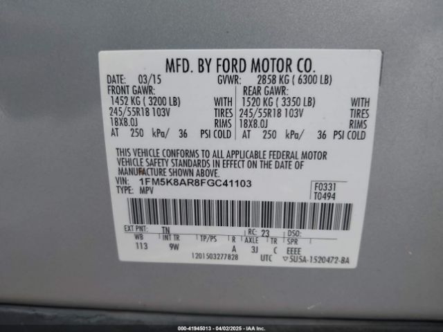 1FM5K8AR8FGC41103 Ford Police Interceptor