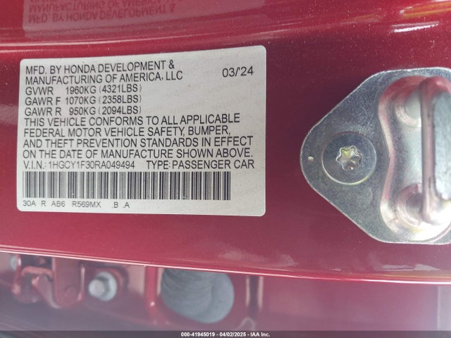 1HGCY1F30RA049494 Honda ACCORD EX