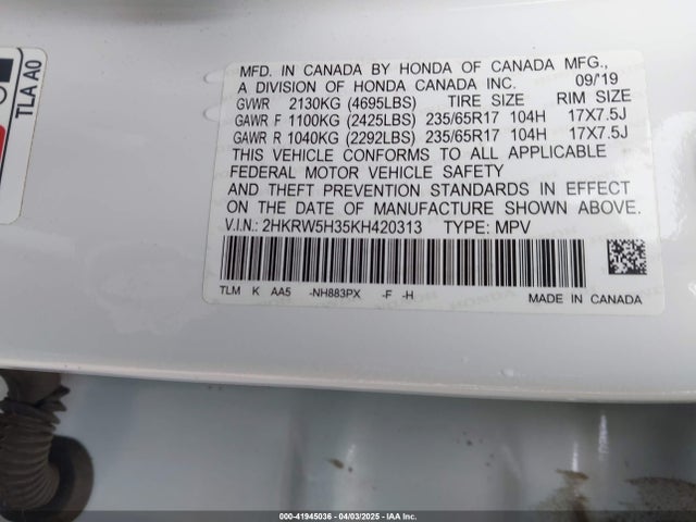 2HKRW5H35KH420313 Honda CR-V LX