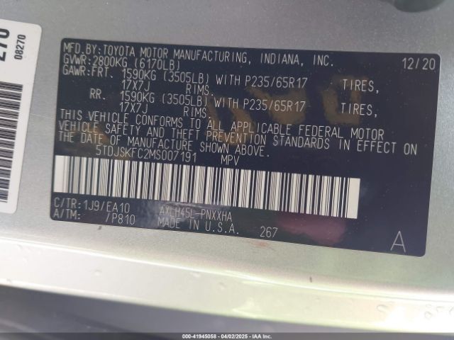 5TDJSKFC2MS007191 Toyota SIENNA XLE