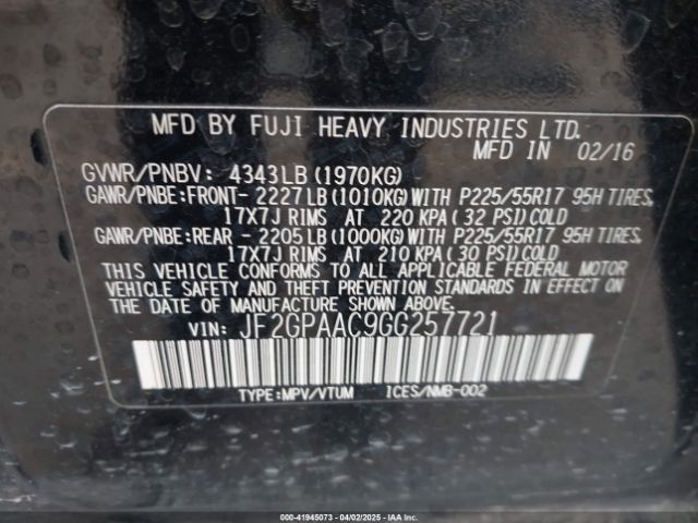 JF2GPAAC9GG257721 Subaru Crosstrek 2.0i