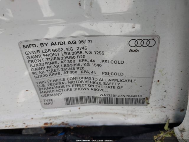 WA132BFZ7NP044319 Audi Q4 Sportback E-tron Premium Plus 50 Quattro