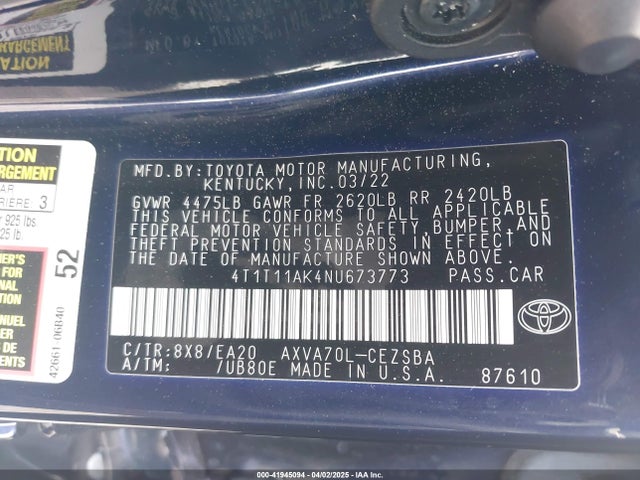 4T1T11AK4NU673773 Toyota CAMRY SE