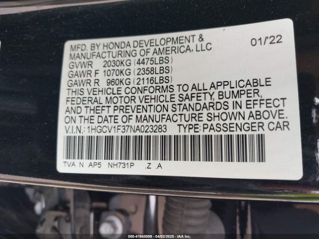 1HGCV1F37NA023283 Honda Accord Sport